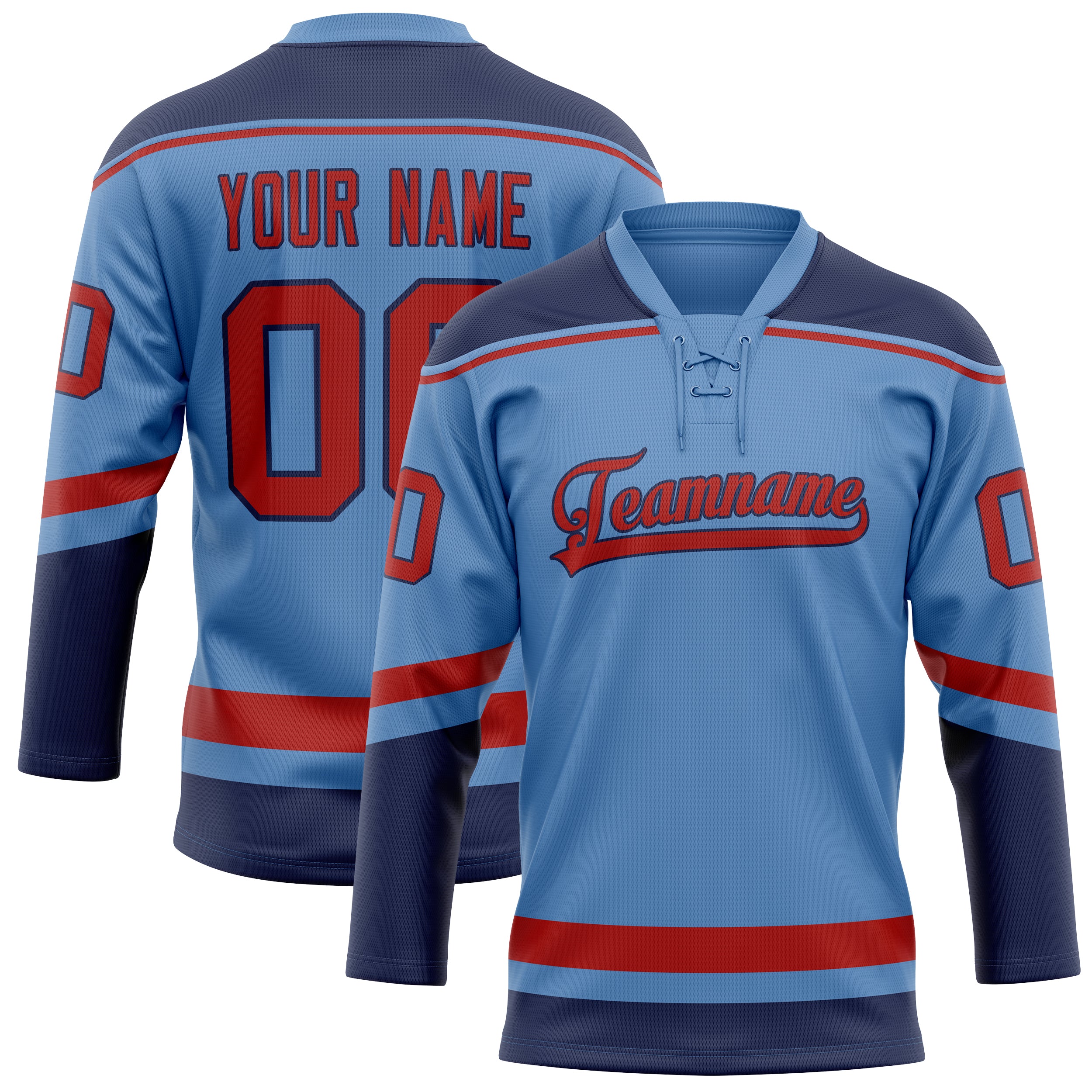 Custom Light Blue Red Solid Colour Hockey Jersey