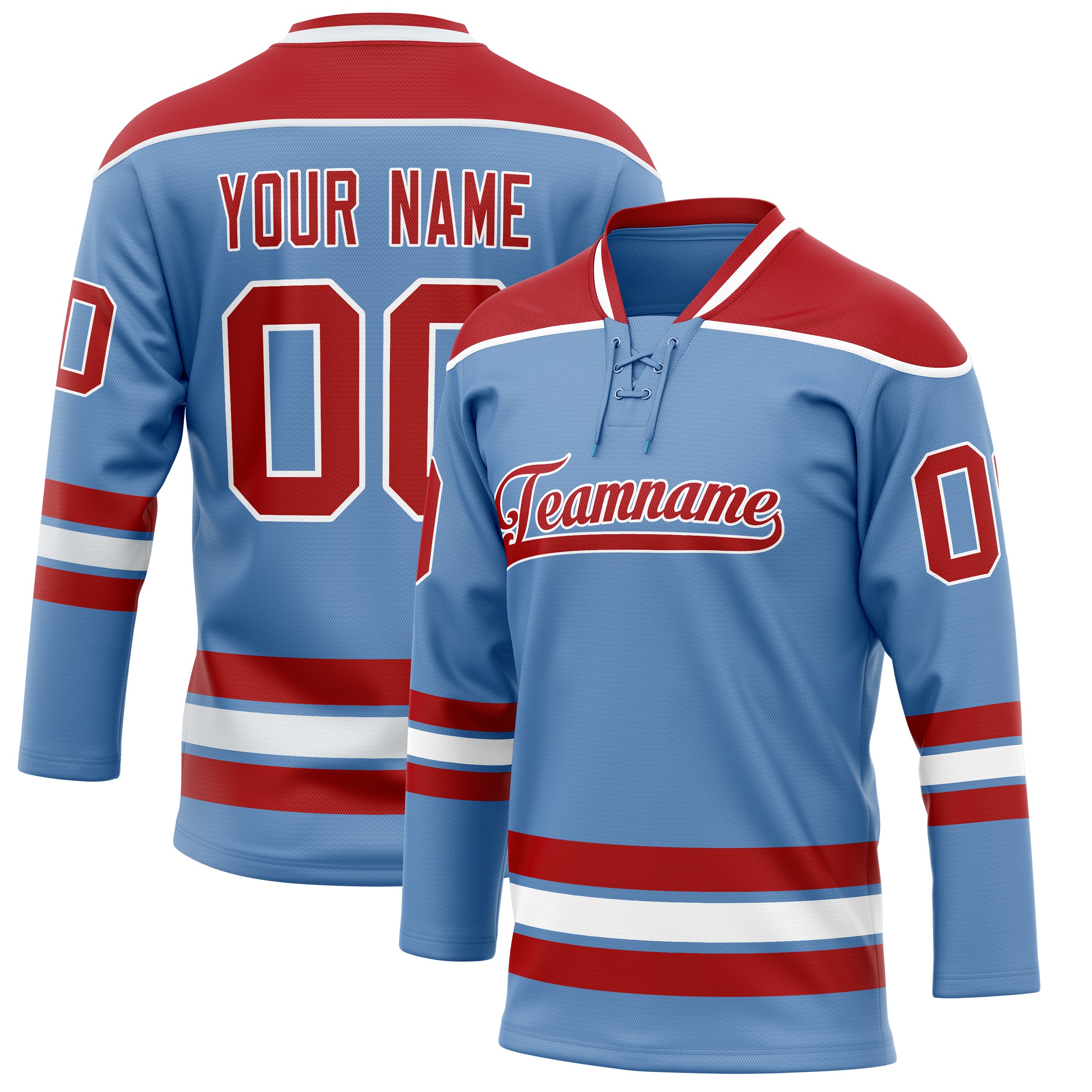 Custom Light Blue Red Solid Colour Hockey Jersey
