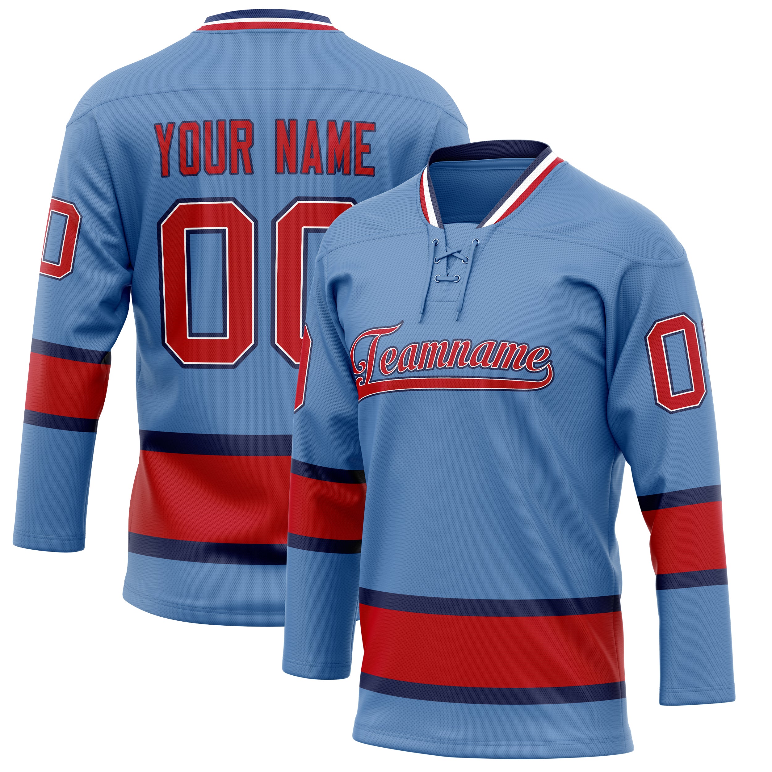 Custom Light Blue Red Solid Colour Hockey Jersey
