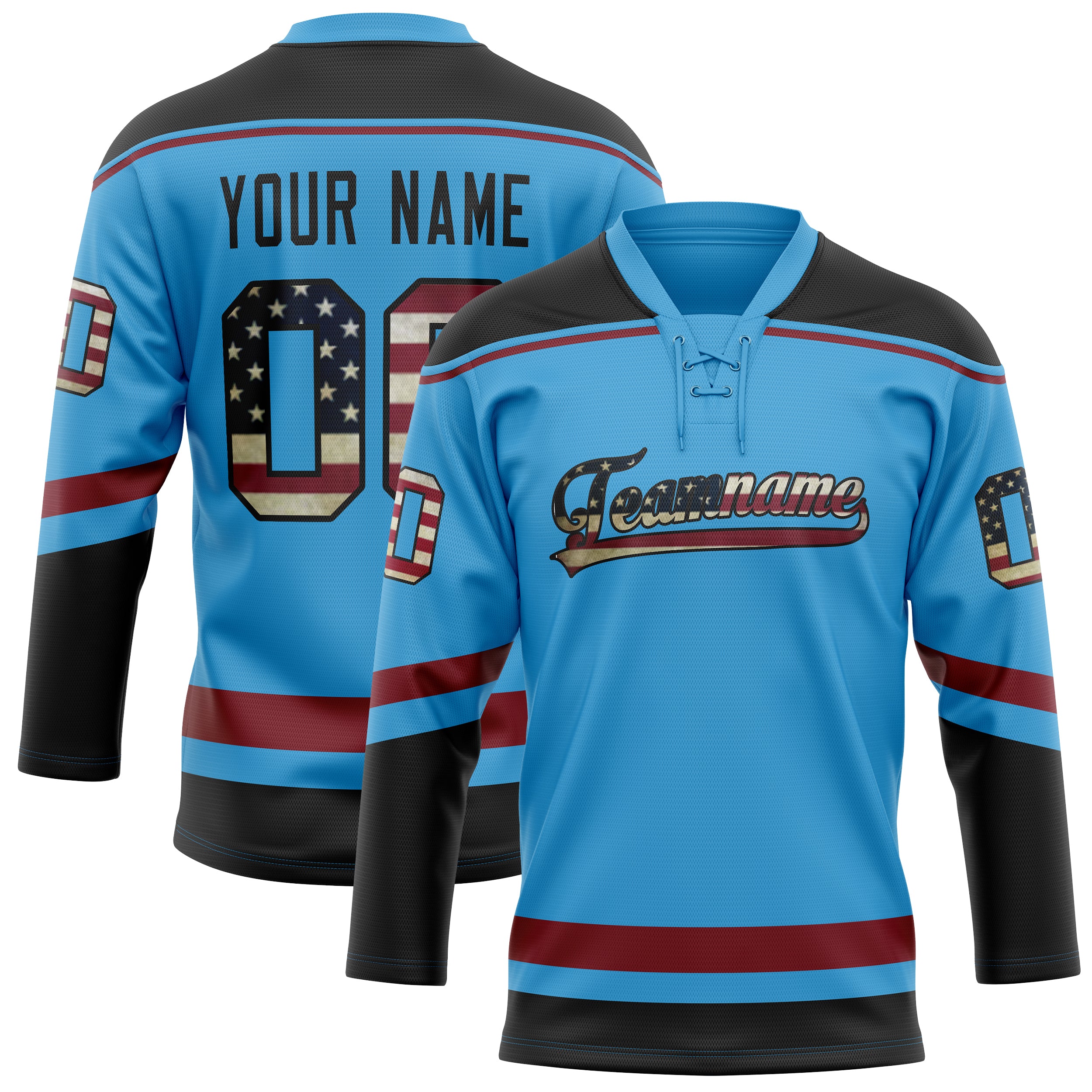 Custom Sky Blue Black Solid Colour Hockey Jersey