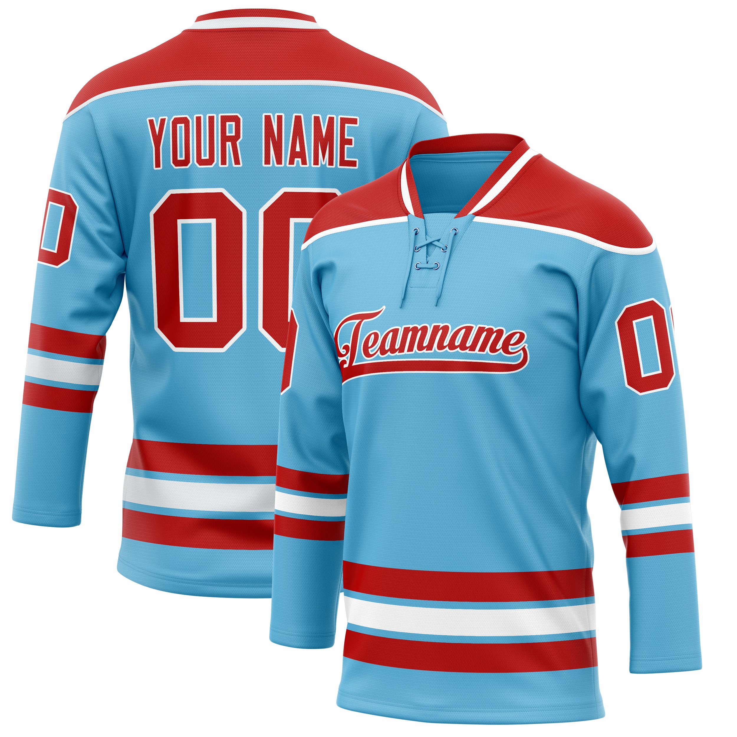 Custom Sky Blue Red Solid Colour Hockey Jersey