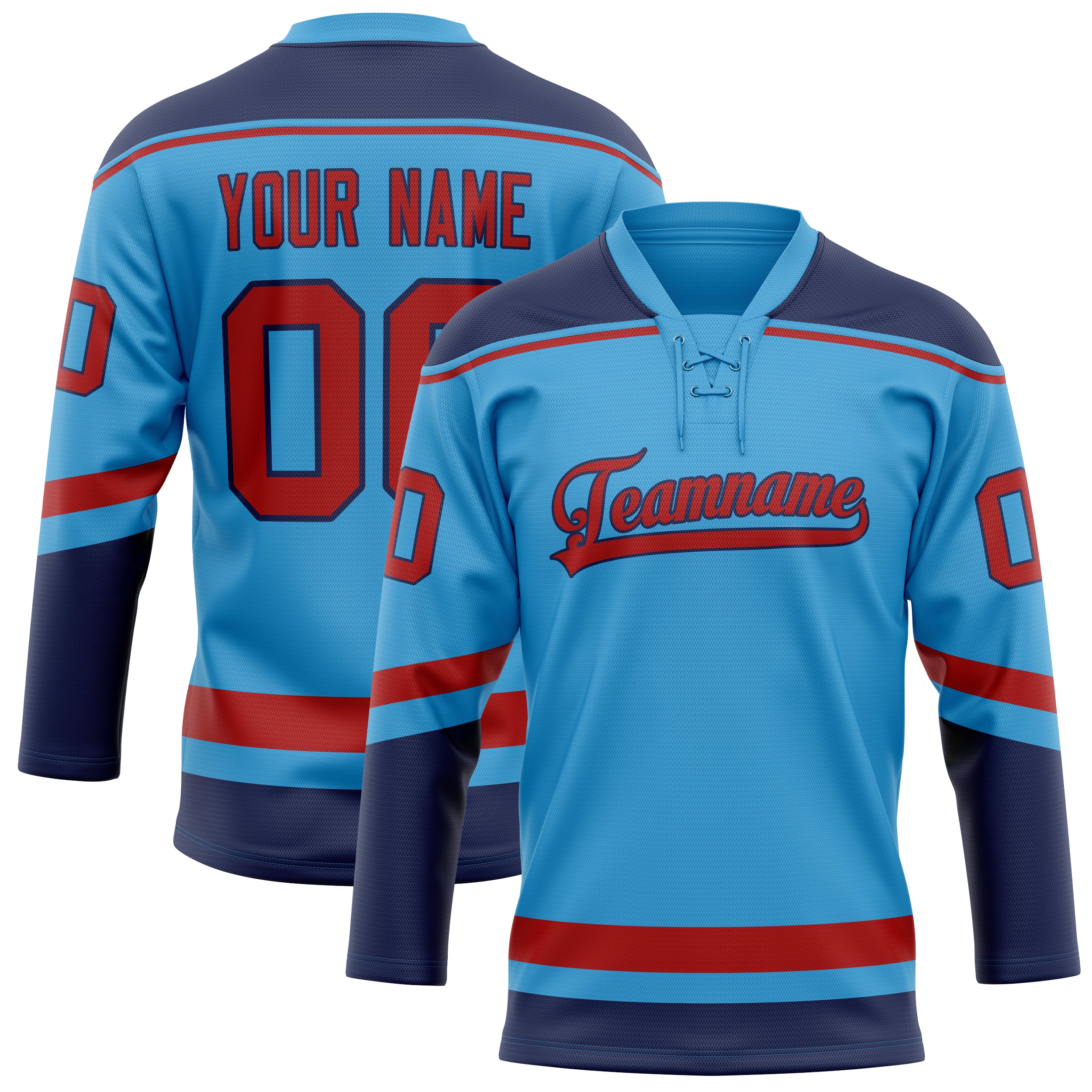 Custom Sky Blue Red Solid Colour Hockey Jersey