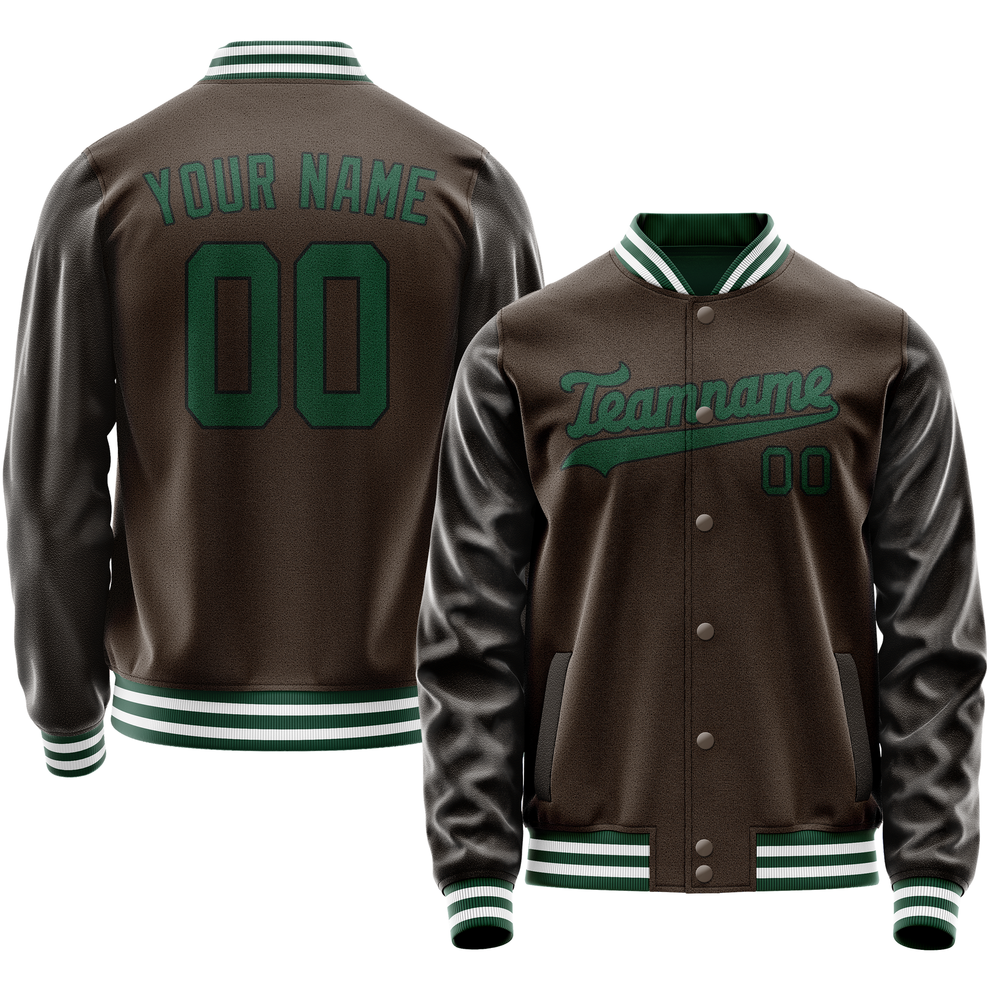 Custom Brown Teal Solid Color Varsity Letterman Jacket JA02240617XF080