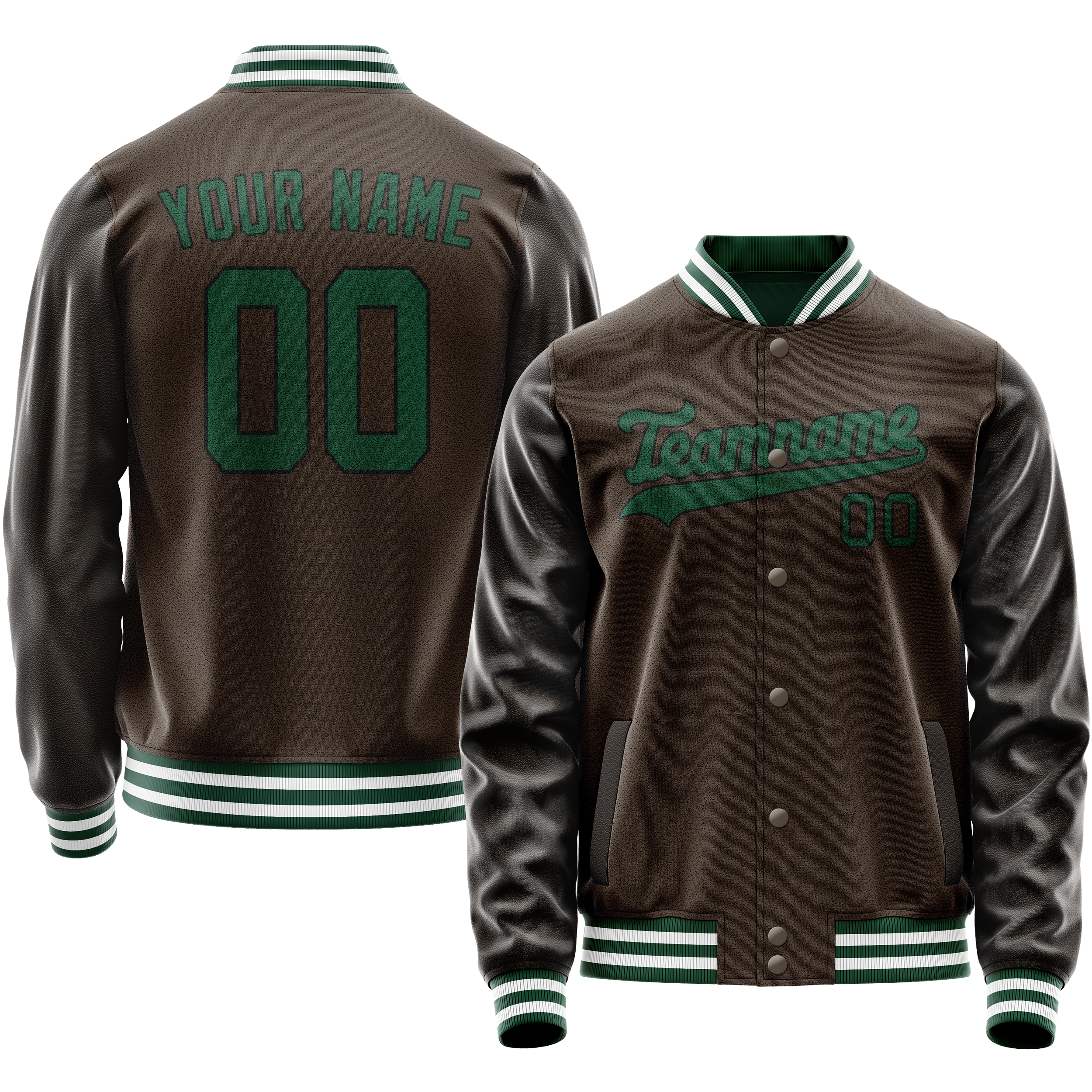 Custom Brown Teal Solid Color Varsity Letterman Jacket JA02240617XF080