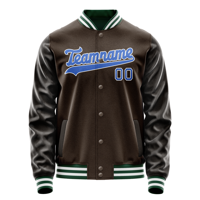 Custom Brown Teal Solid Color Varsity Letterman Jacket JA02240617XF087