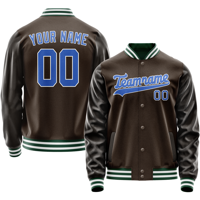Custom Brown Teal Solid Color Varsity Letterman Jacket JA02240617XF087