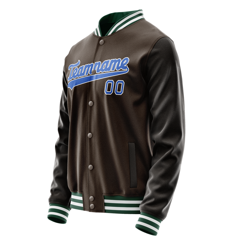Custom Brown Teal Solid Color Varsity Letterman Jacket JA02240617XF087