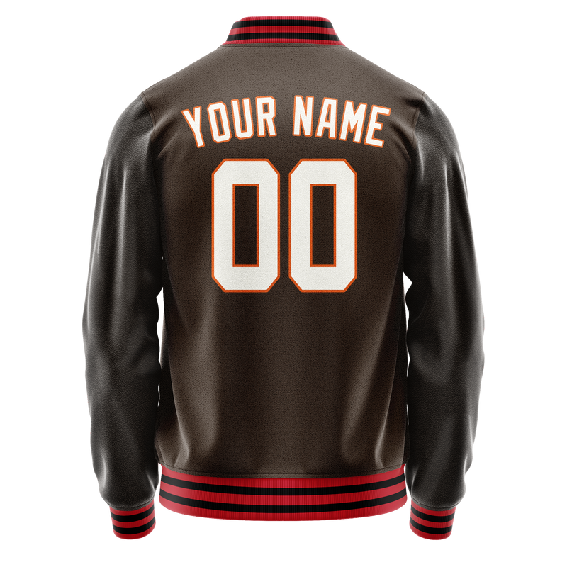 Custom Brown White Solid Color Varsity Letterman Jacket JA02240617XF067