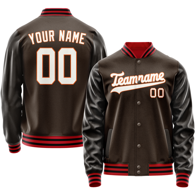 Custom Brown White Solid Color Varsity Letterman Jacket JA02240617XF067