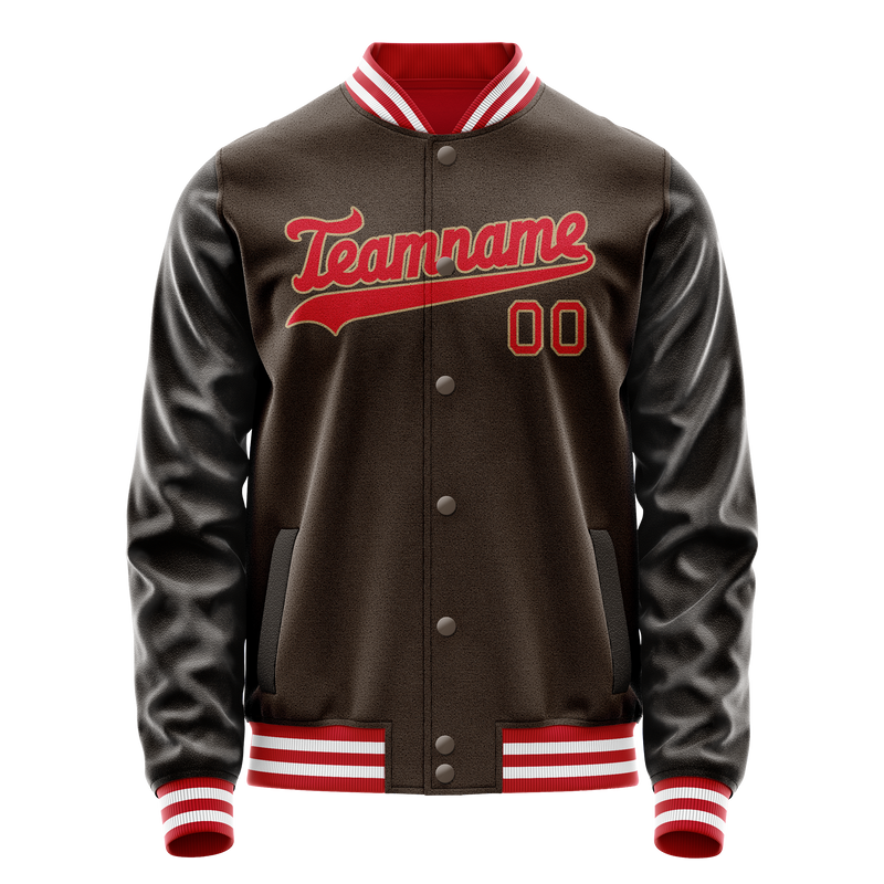 Custom Brown Red Solid Color Varsity Letterman Jacket JA02240617XF071