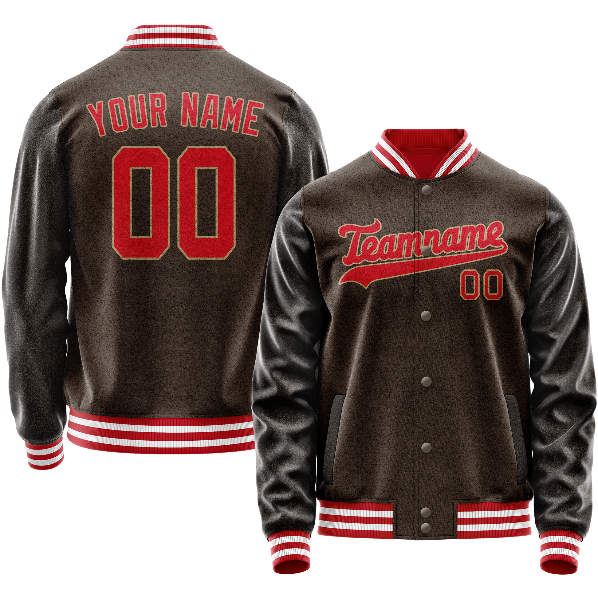 Custom Brown Red Solid Color Varsity Letterman Jacket JA02240617XF071