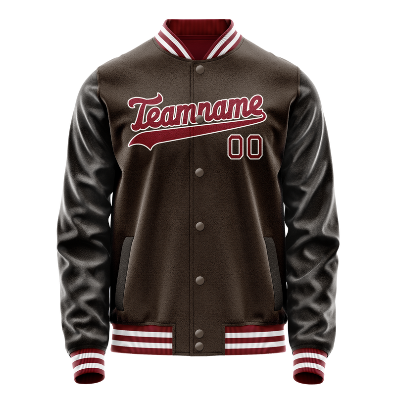 Custom Brown Red Solid Color Varsity Letterman Jacket JA02240617XF081
