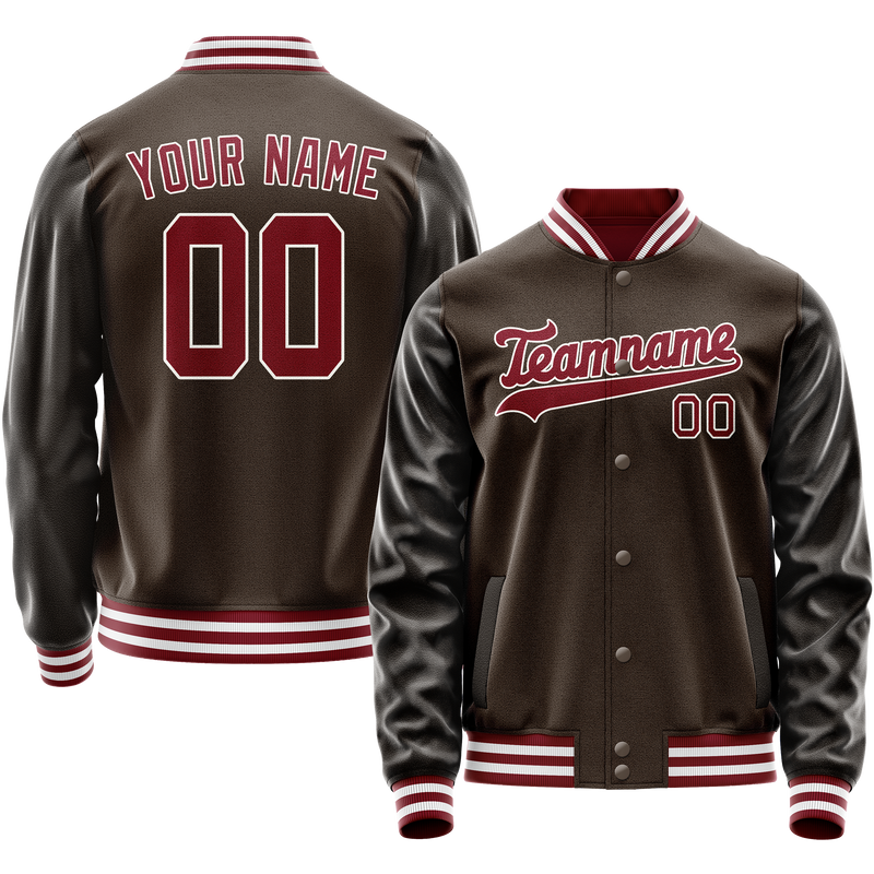 Custom Brown Red Solid Color Varsity Letterman Jacket JA02240617XF081