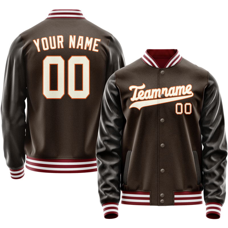 Custom Brown Gray Solid Color Varsity Letterman Jacket JA02240617XF068