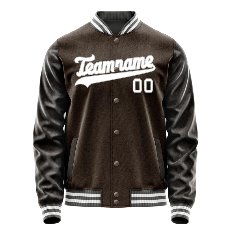Custom Brown White Solid Color Varsity Letterman Jacket JA02240617XF062