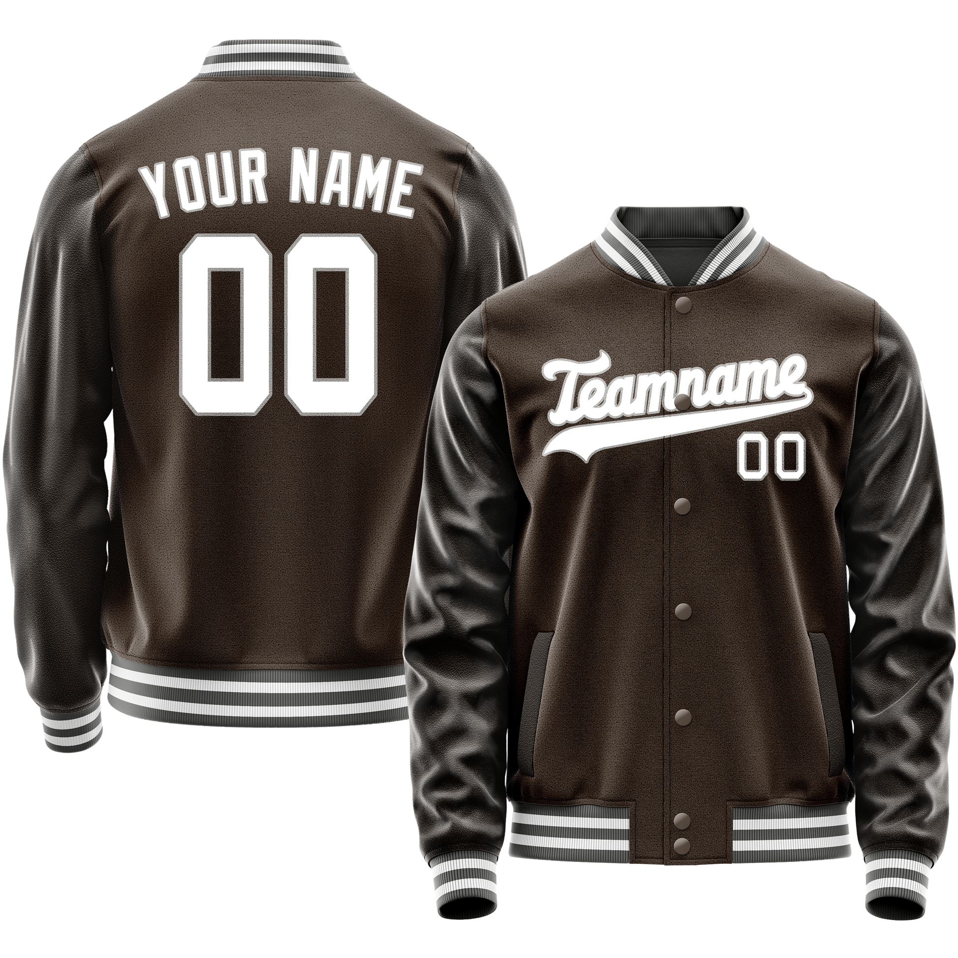 Custom Brown White Solid Color Varsity Letterman Jacket JA02240617XF062