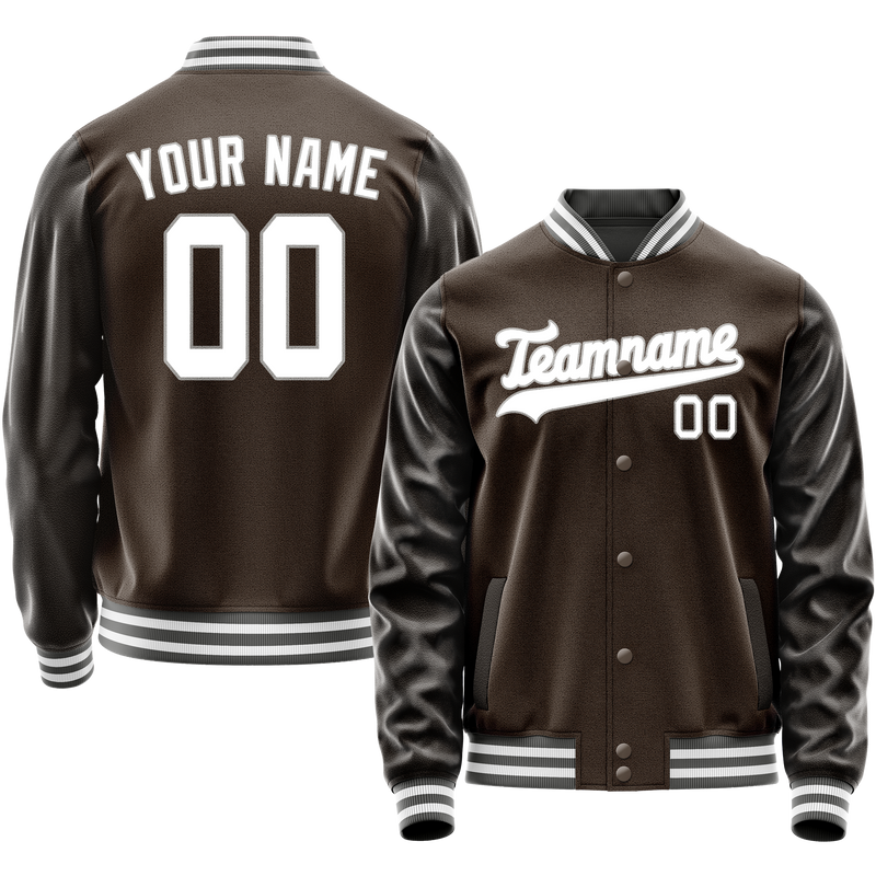 Custom Brown White Solid Color Varsity Letterman Jacket JA02240617XF062