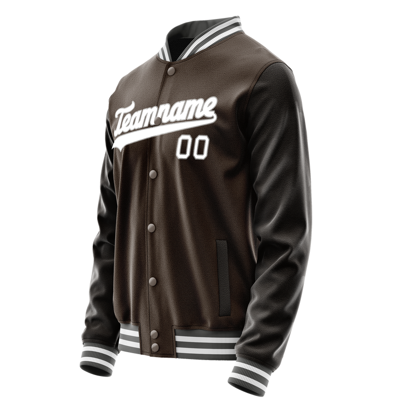 Custom Brown White Solid Color Varsity Letterman Jacket JA02240617XF062