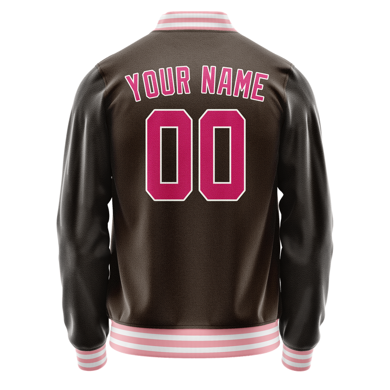Custom Brown Pink Solid Color Varsity Letterman Jacket JA02240617XF072