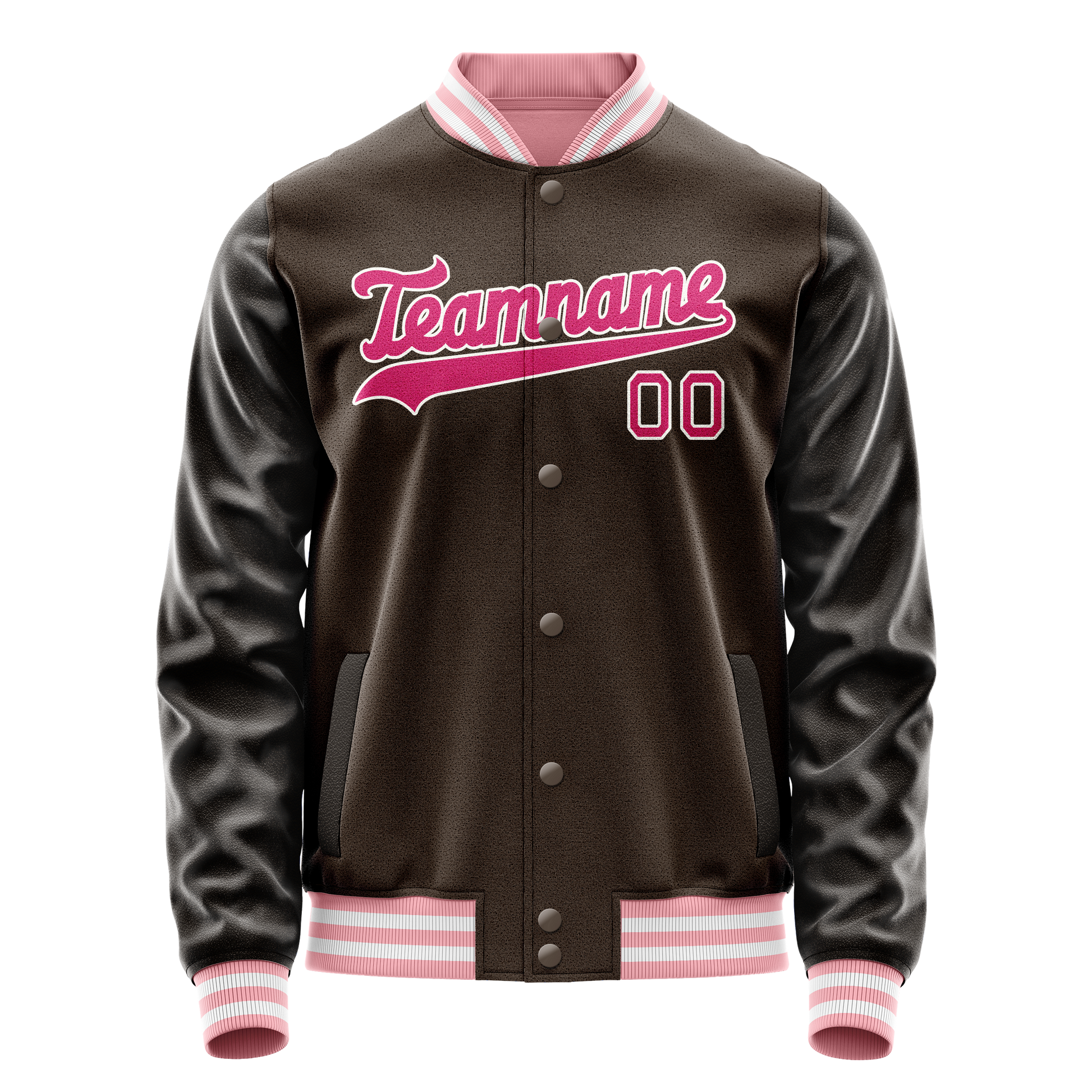 Custom Brown Pink Solid Color Varsity Letterman Jacket JA02240617XF072