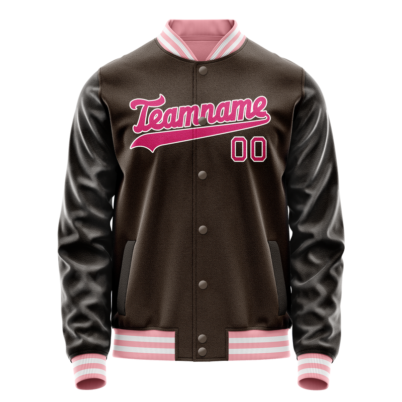 Custom Brown Pink Solid Color Varsity Letterman Jacket JA02240617XF072