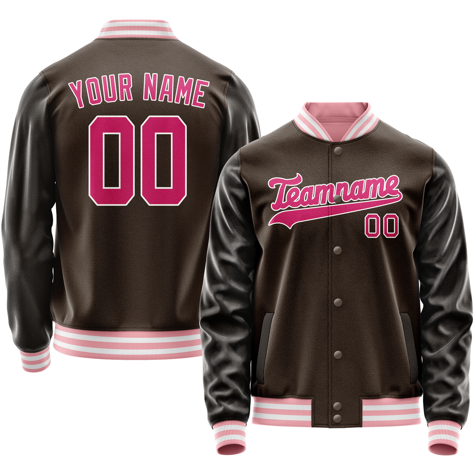 Custom Brown Pink Solid Color Varsity Letterman Jacket JA02240617XF072