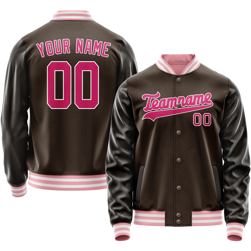 Custom Brown Pink Solid Color Varsity Letterman Jacket JA02240617XF072
