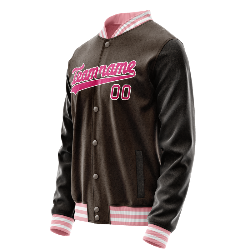 Custom Brown Pink Solid Color Varsity Letterman Jacket JA02240617XF072