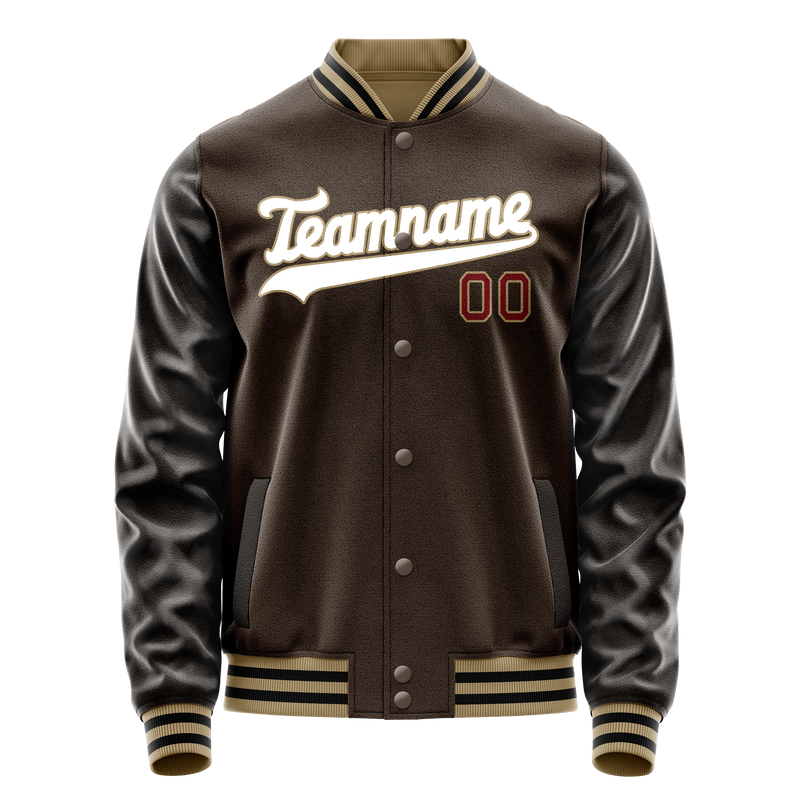 Custom Brown White Solid Color Varsity Letterman Jacket JA02240617XF065