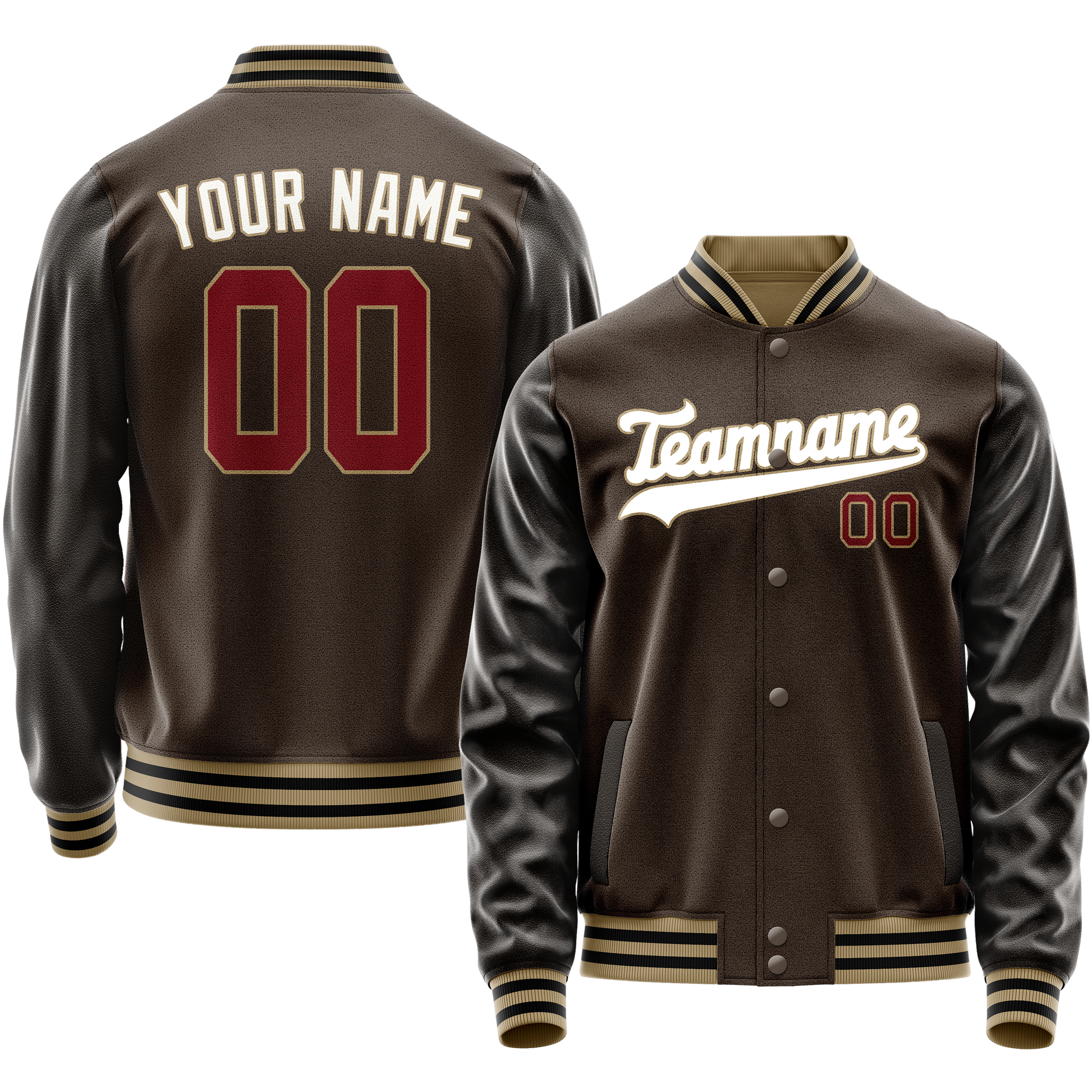 Custom Brown White Solid Color Varsity Letterman Jacket JA02240617XF065
