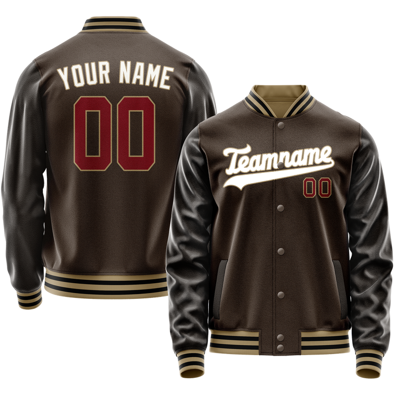 Custom Brown White Solid Color Varsity Letterman Jacket JA02240617XF065