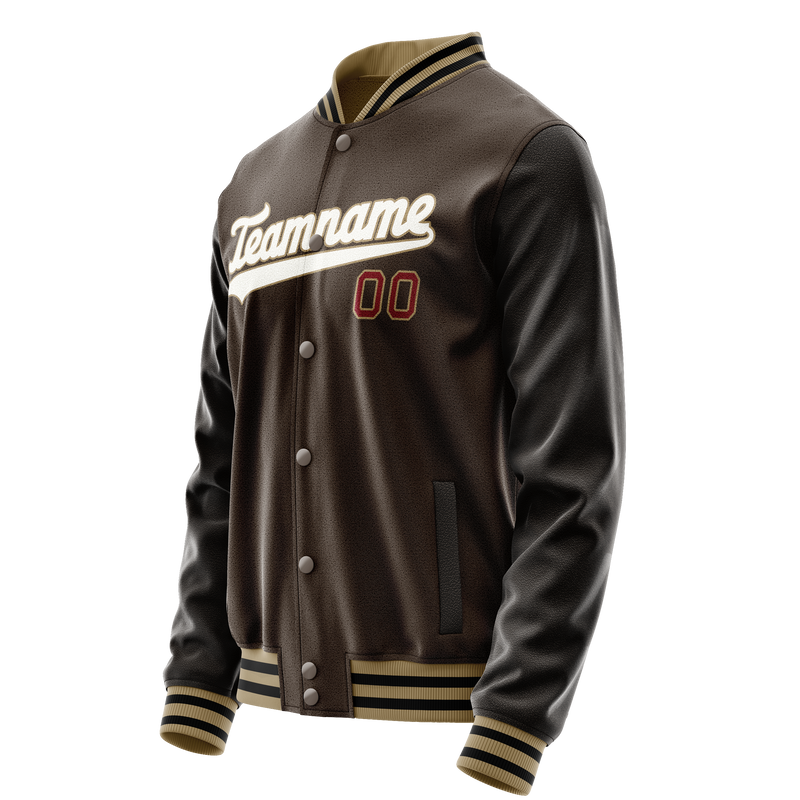 Custom Brown White Solid Color Varsity Letterman Jacket JA02240617XF065
