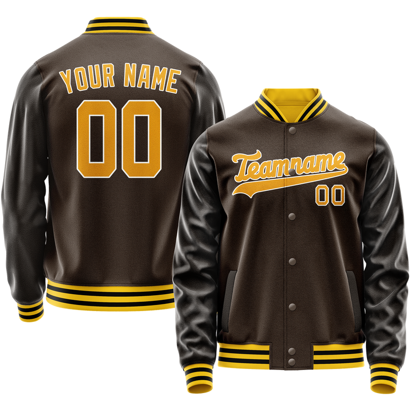 Custom Brown Gold Solid Color Varsity Letterman Jacket JA02240617XF085