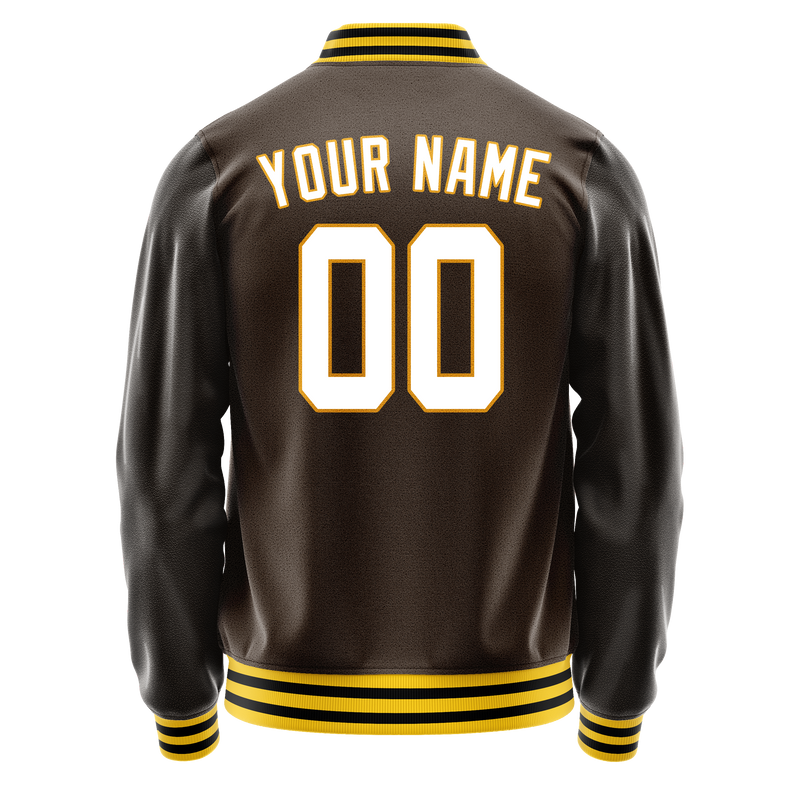 Custom Brown White Solid Color Varsity Letterman Jacket JA02240617XF064