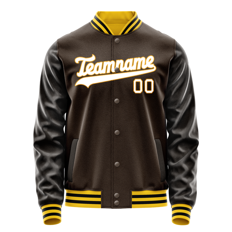 Custom Brown White Solid Color Varsity Letterman Jacket JA02240617XF064
