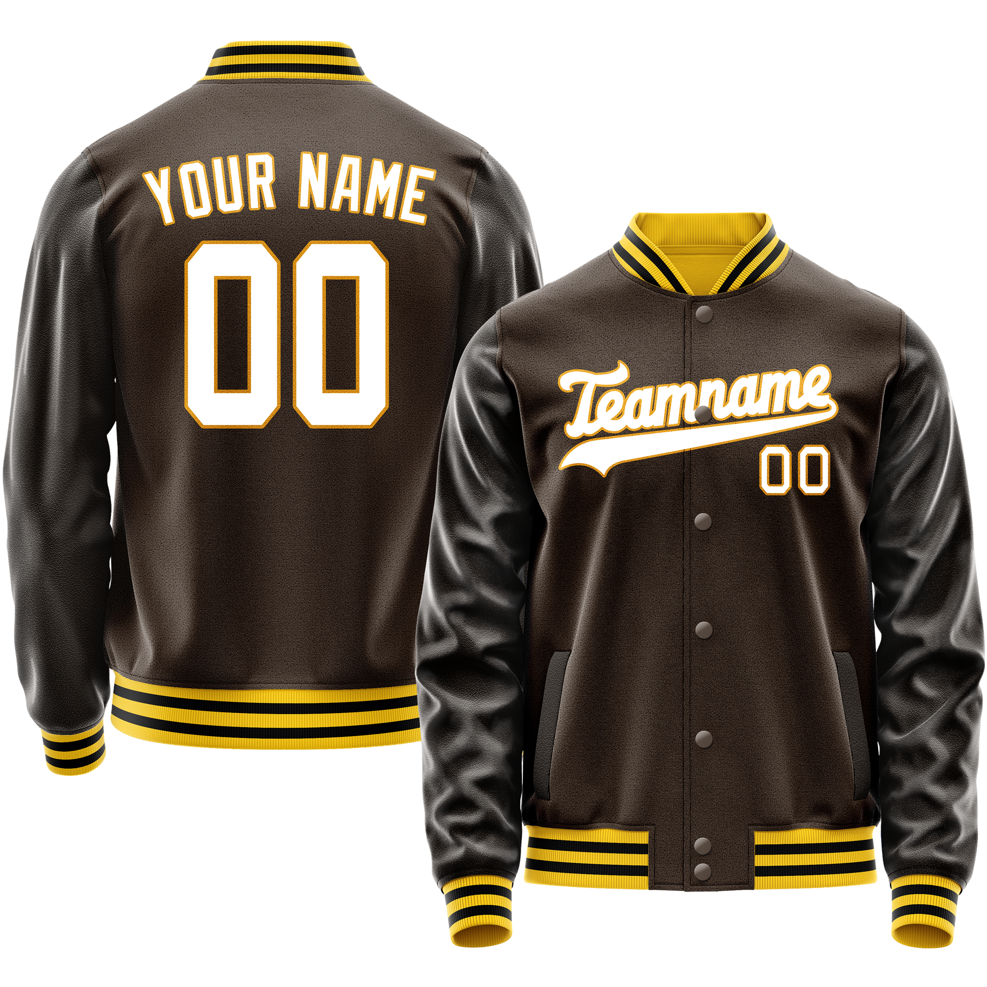 Custom Brown White Solid Color Varsity Letterman Jacket JA02240617XF064