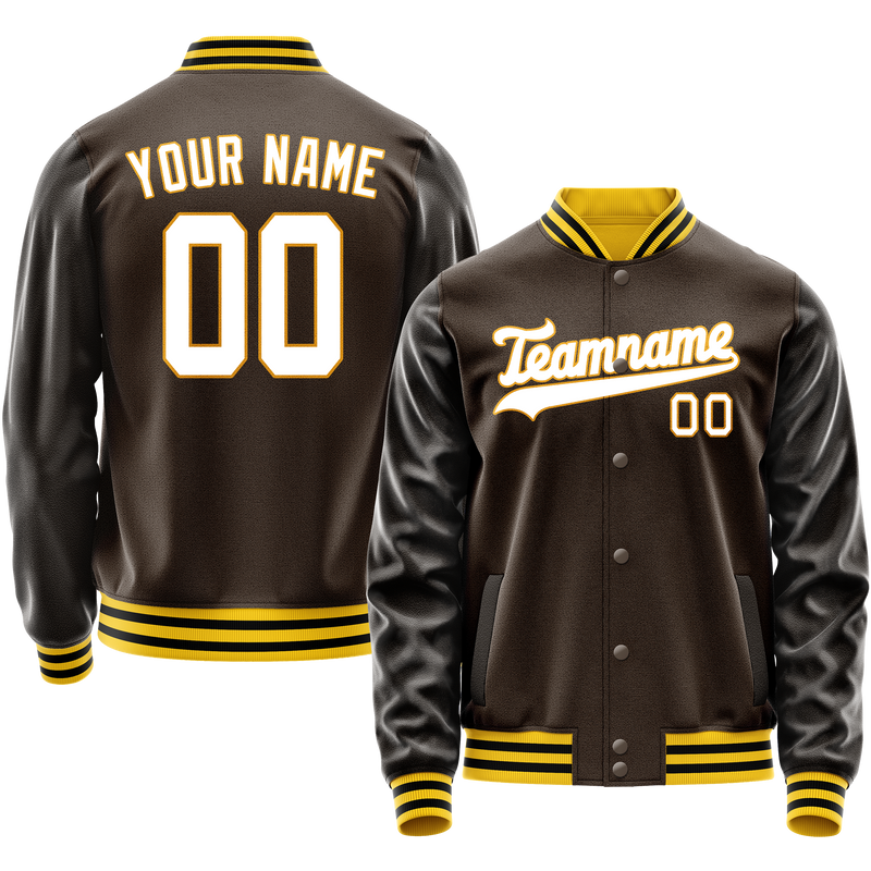 Custom Brown White Solid Color Varsity Letterman Jacket JA02240617XF064