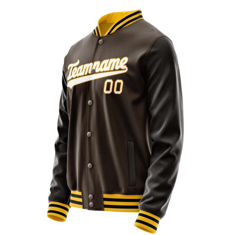 Custom Brown White Solid Color Varsity Letterman Jacket JA02240617XF064