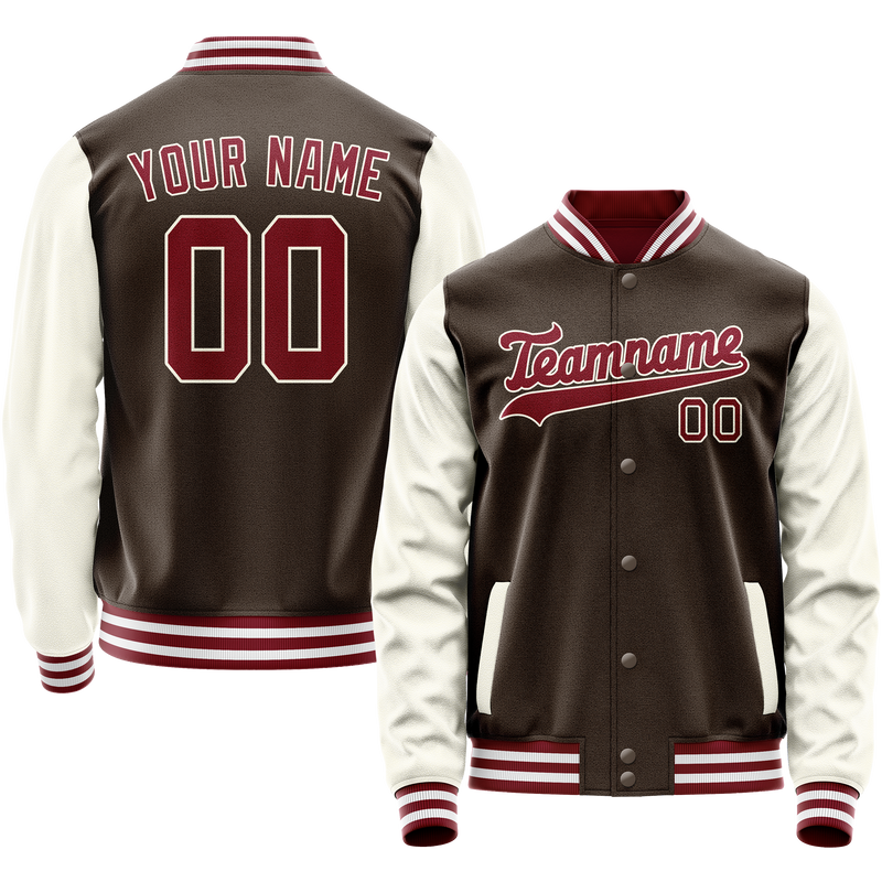 Custom Brown Cream Solid Color Varsity Letterman Jacket JA02240617XF082