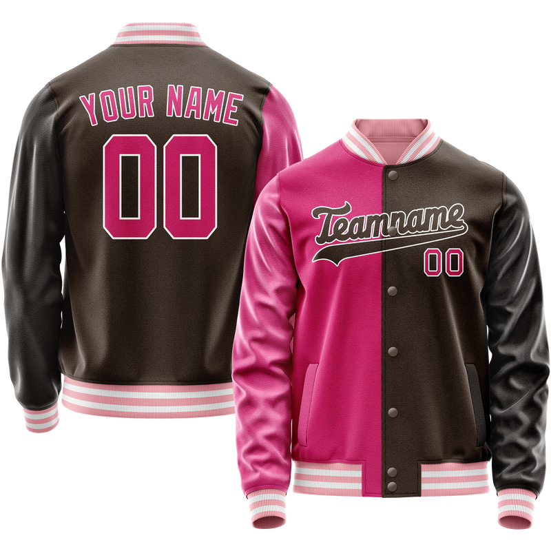 Custom Brown Pink Split Varsity Letterman Jacket JA02240617XF079