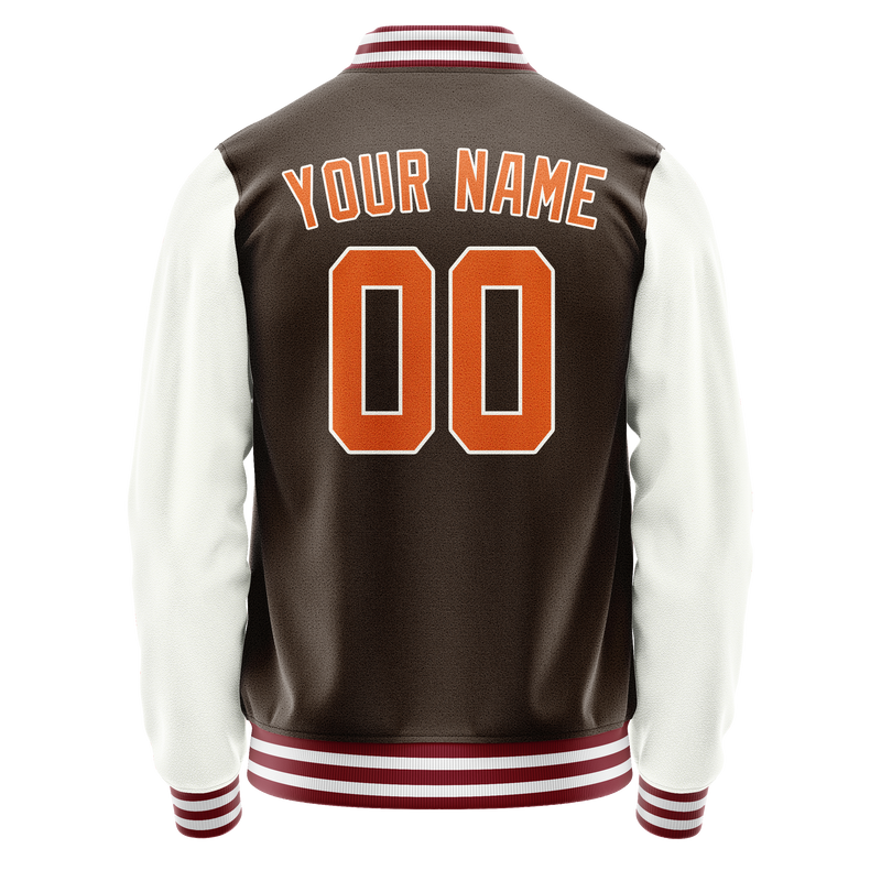 Custom Brown White Solid Color Varsity Letterman Jacket JA02240617XF069