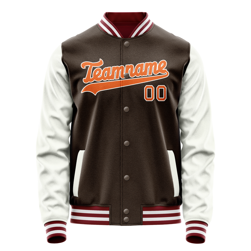 Custom Brown White Solid Color Varsity Letterman Jacket JA02240617XF069