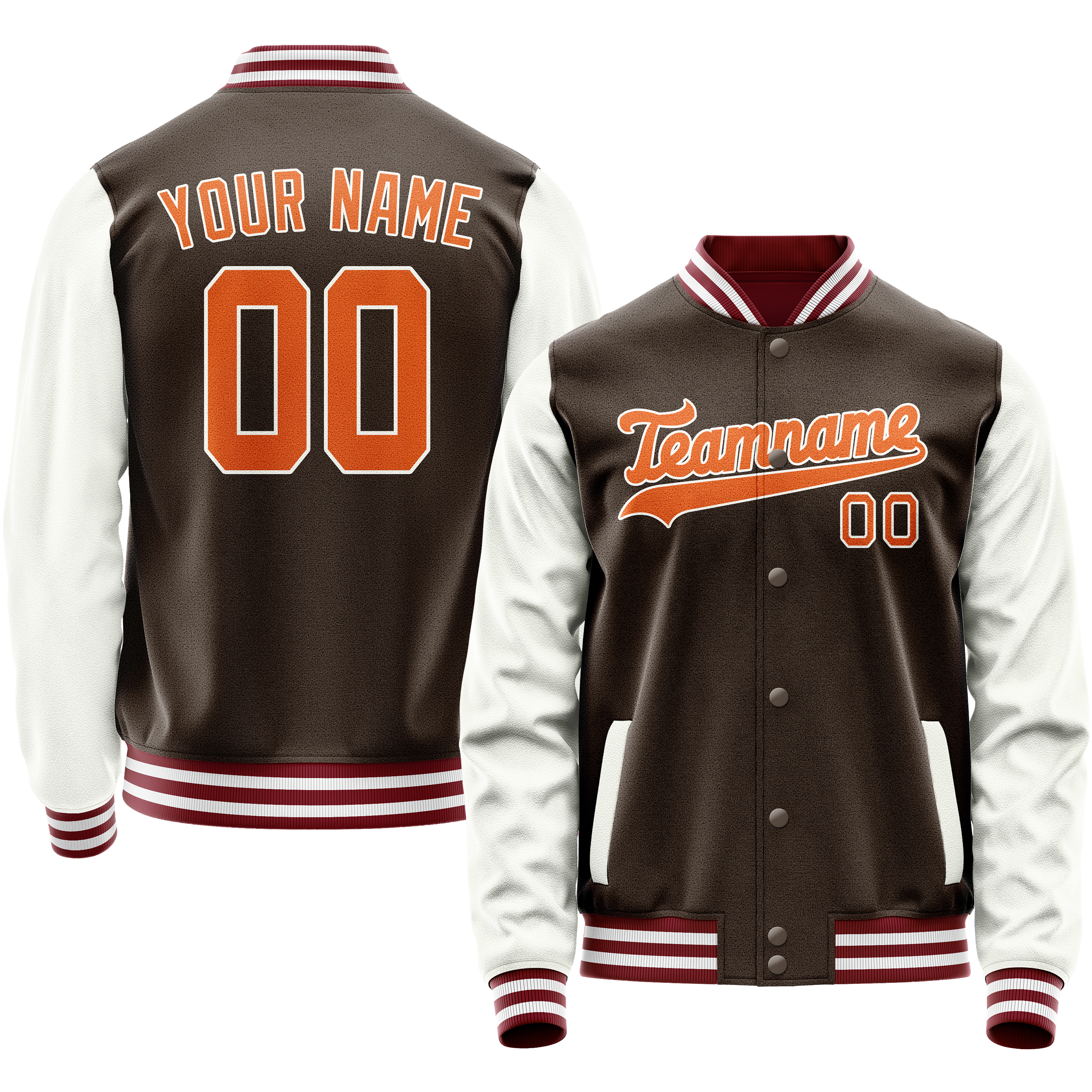 Custom Brown White Solid Color Varsity Letterman Jacket JA02240617XF069