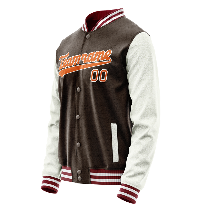 Custom Brown White Solid Color Varsity Letterman Jacket JA02240617XF069