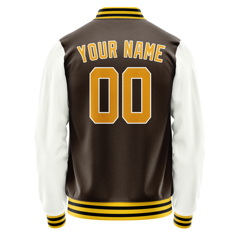Custom Brown White Solid Color Varsity Letterman Jacket JA02240617XF063