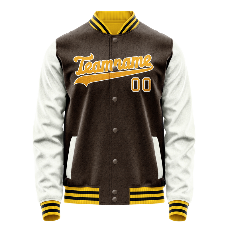 Custom Brown White Solid Color Varsity Letterman Jacket JA02240617XF063