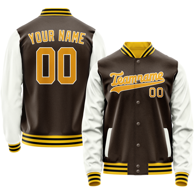 Custom Brown White Solid Color Varsity Letterman Jacket JA02240617XF063