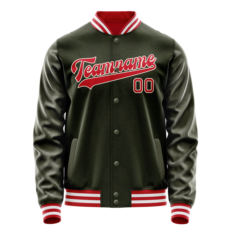 Custom Olive Red Solid Color Varsity Letterman Jacket JA02240617LH301