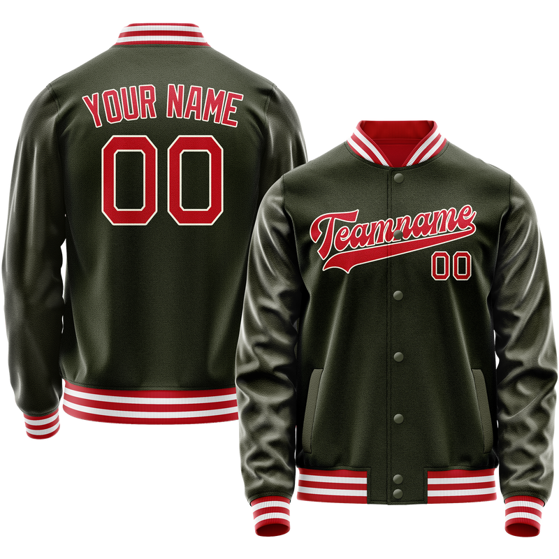 Custom Olive Red Solid Color Varsity Letterman Jacket JA02240617LH301