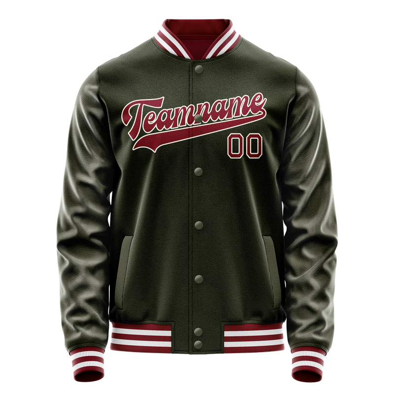 Custom Olive Red Solid Color Varsity Letterman Jacket JA02240617LH303